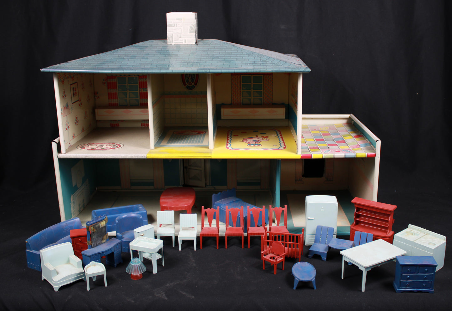 Vintage Marx Litho Tin Dollhouse with Superior Plastic Furniture Lot