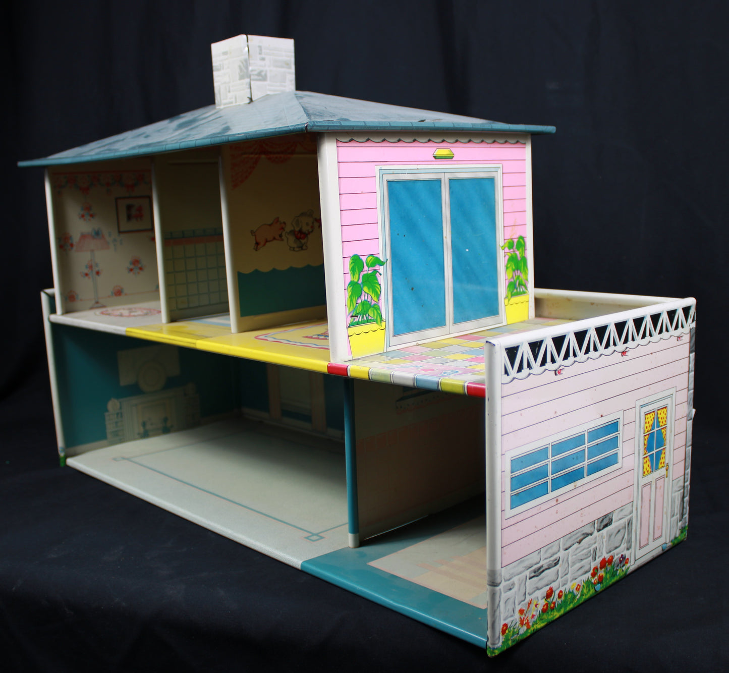 Vintage Marx Litho Tin Dollhouse with Superior Plastic Furniture Lot
