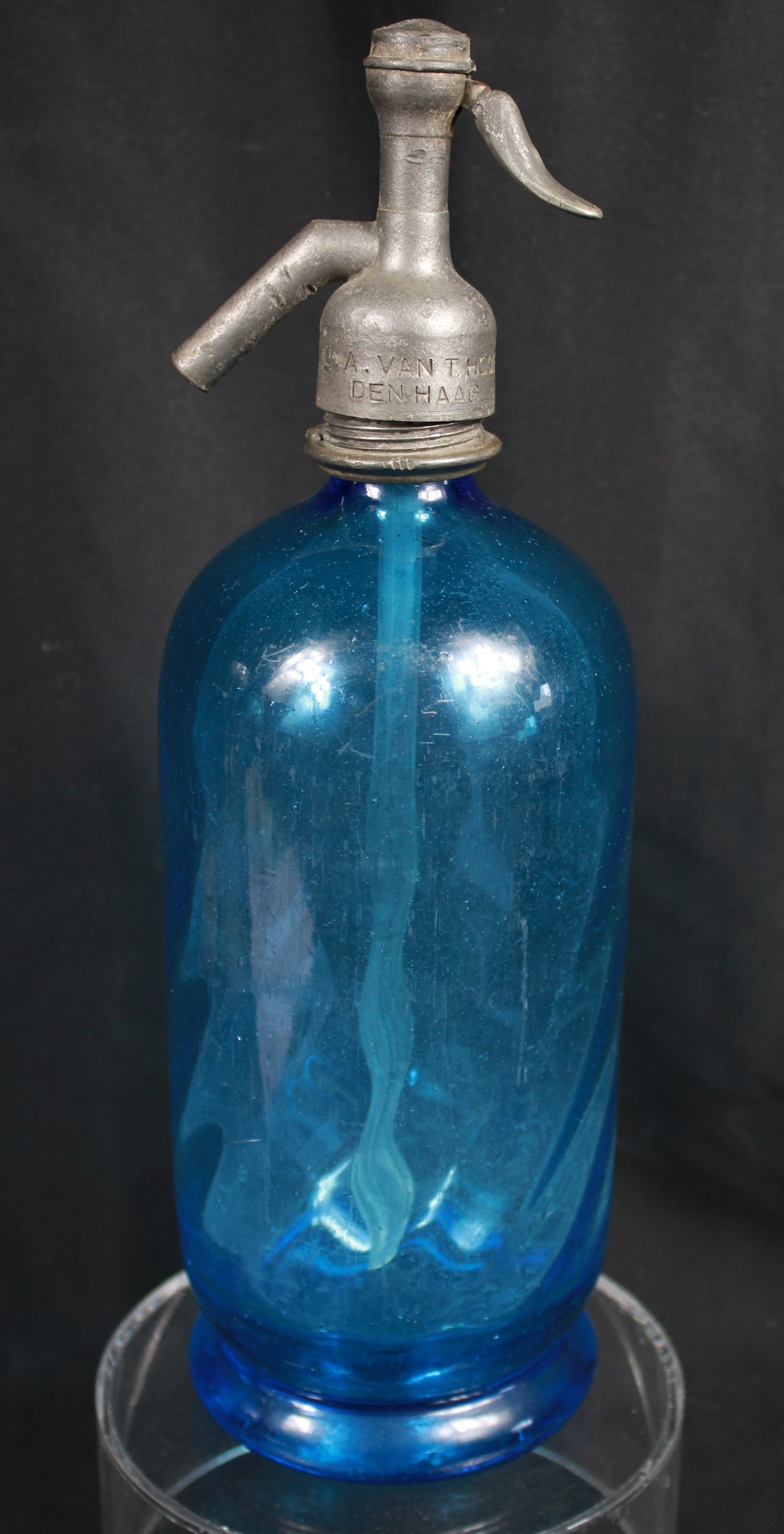 Vintage J.A. van Thijn Den Haag Blue Glass Soda Siphon Seltzer Bottle