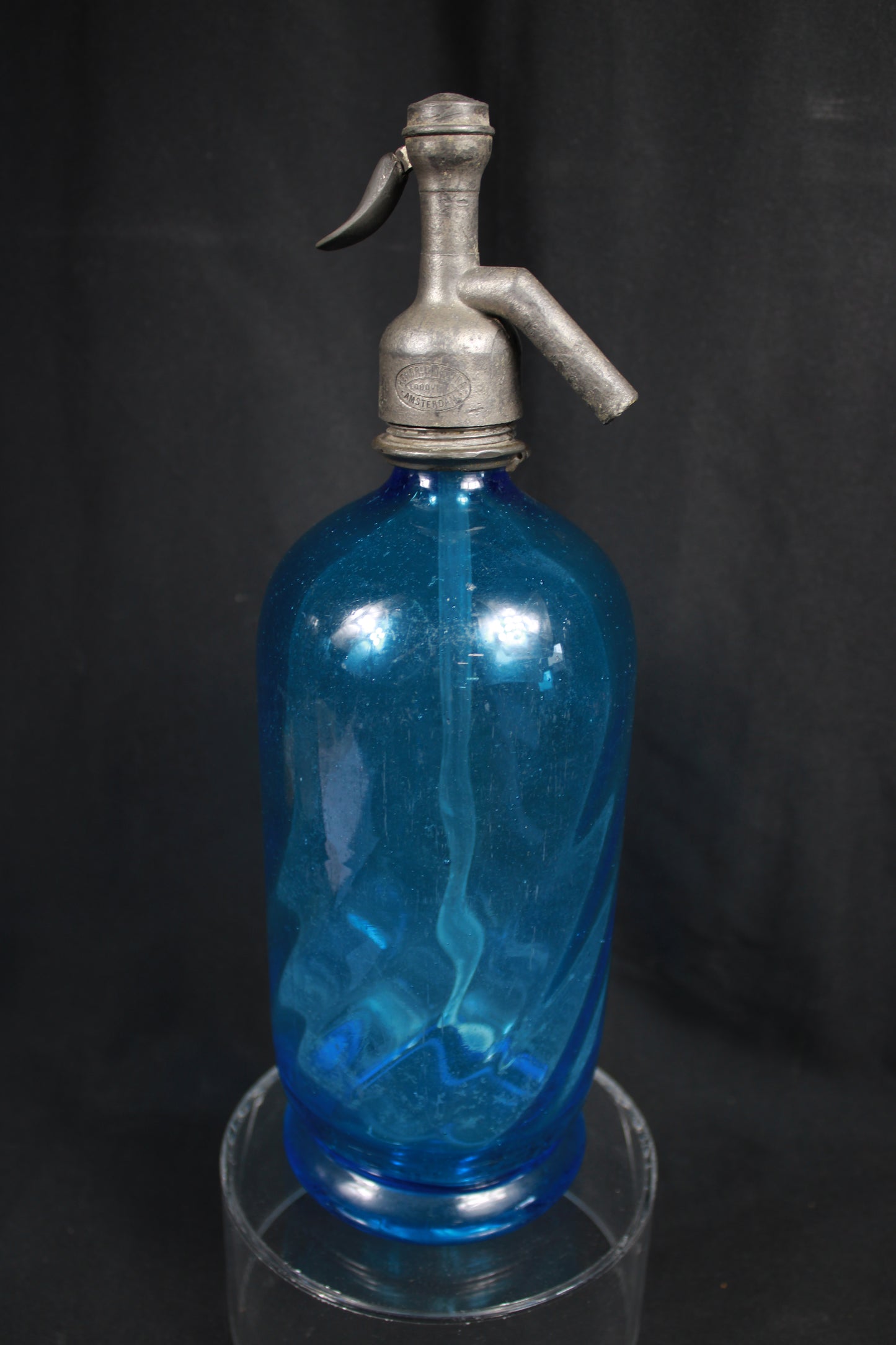 Vintage J.A. van Thijn Den Haag Blue Glass Soda Siphon Seltzer Bottle