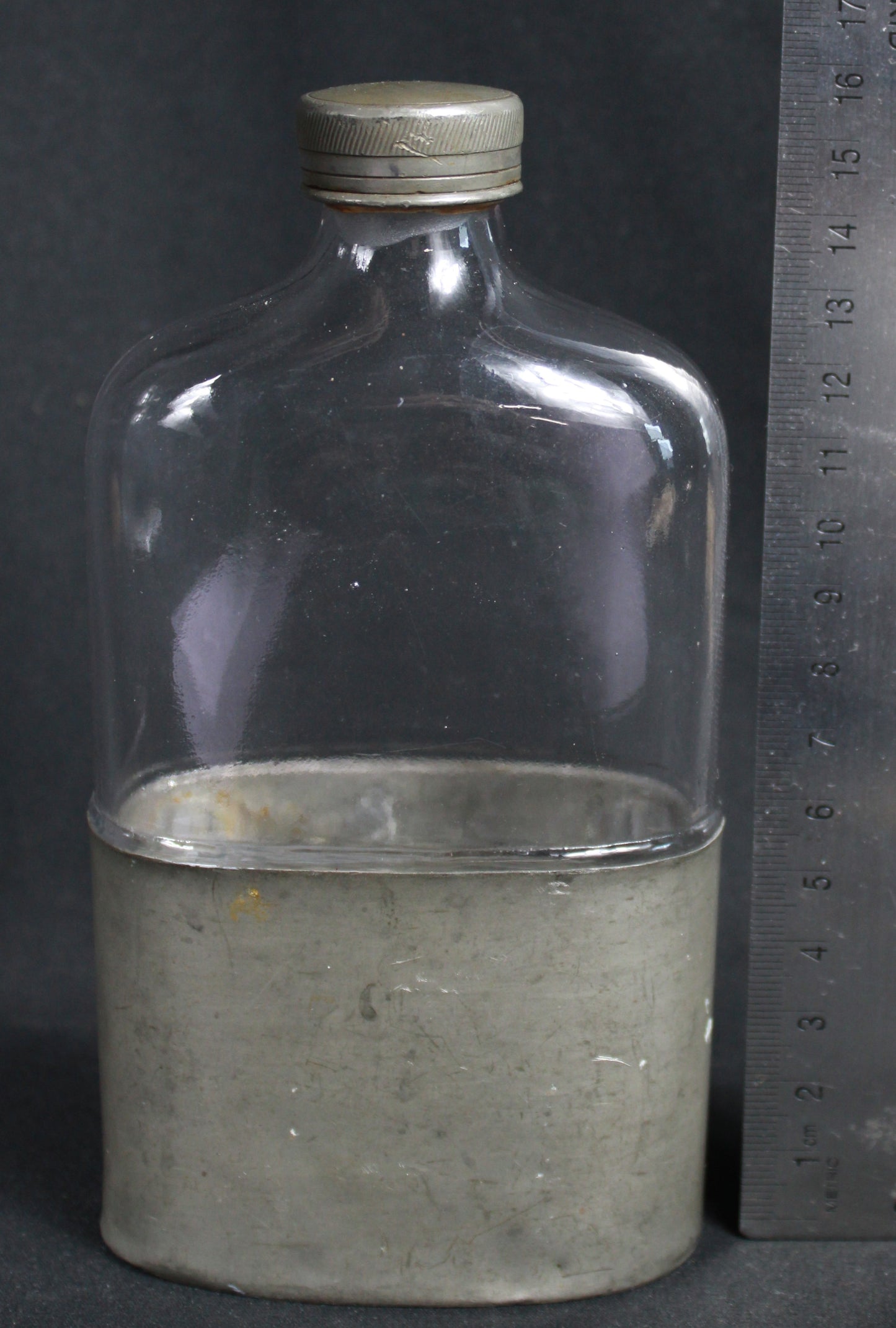 Vintage Edwardian John Milner & Sons Sheffield Glass Hip Flask with Pewter Cup