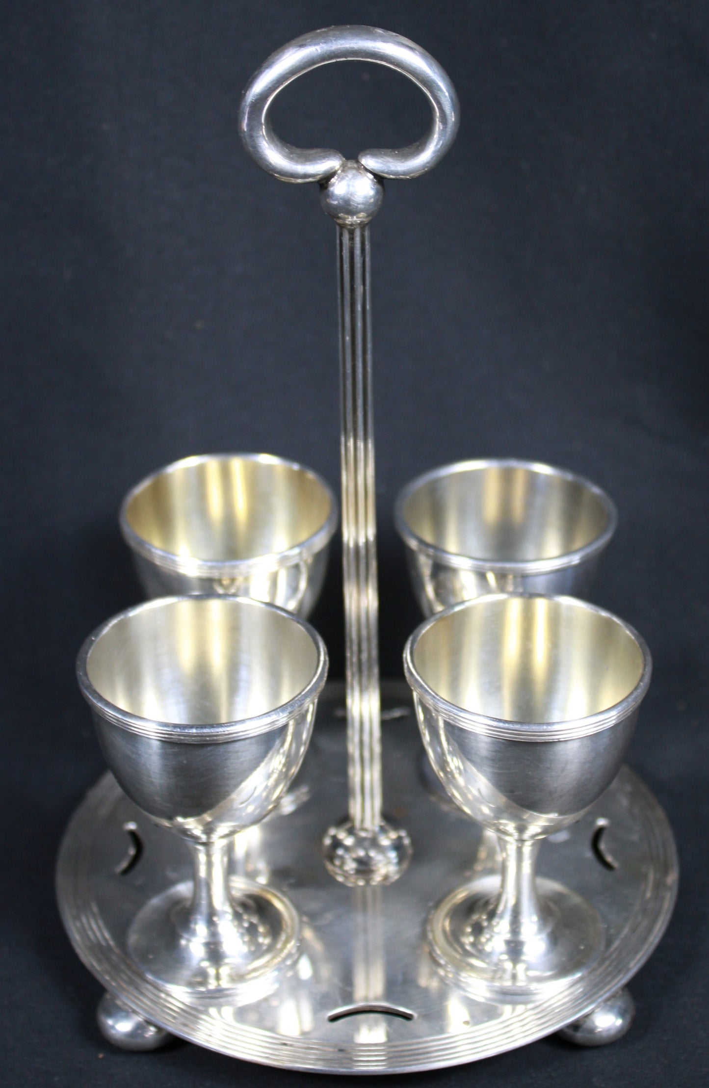 Vintage 1881 Rogers Silver-Plated 4-Piece Egg Cup Set with Matching Caddy