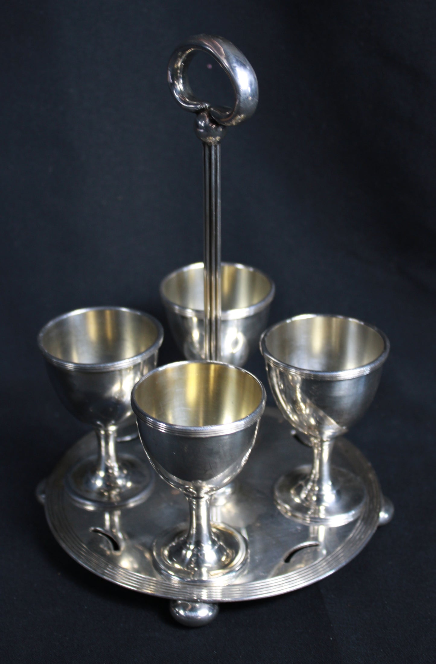 Vintage 1881 Rogers Silver-Plated 4-Piece Egg Cup Set with Matching Caddy