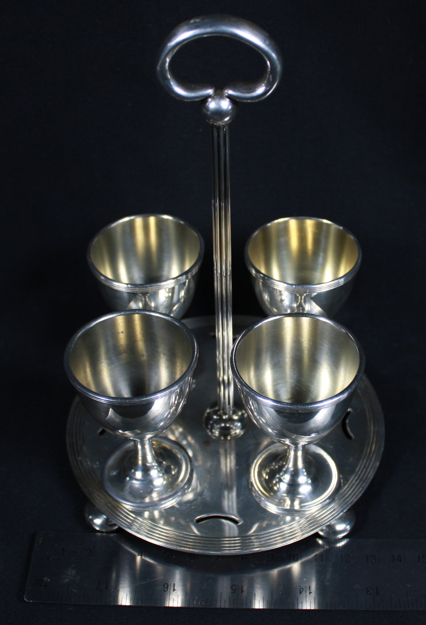 Vintage 1881 Rogers Silver-Plated 4-Piece Egg Cup Set with Matching Caddy
