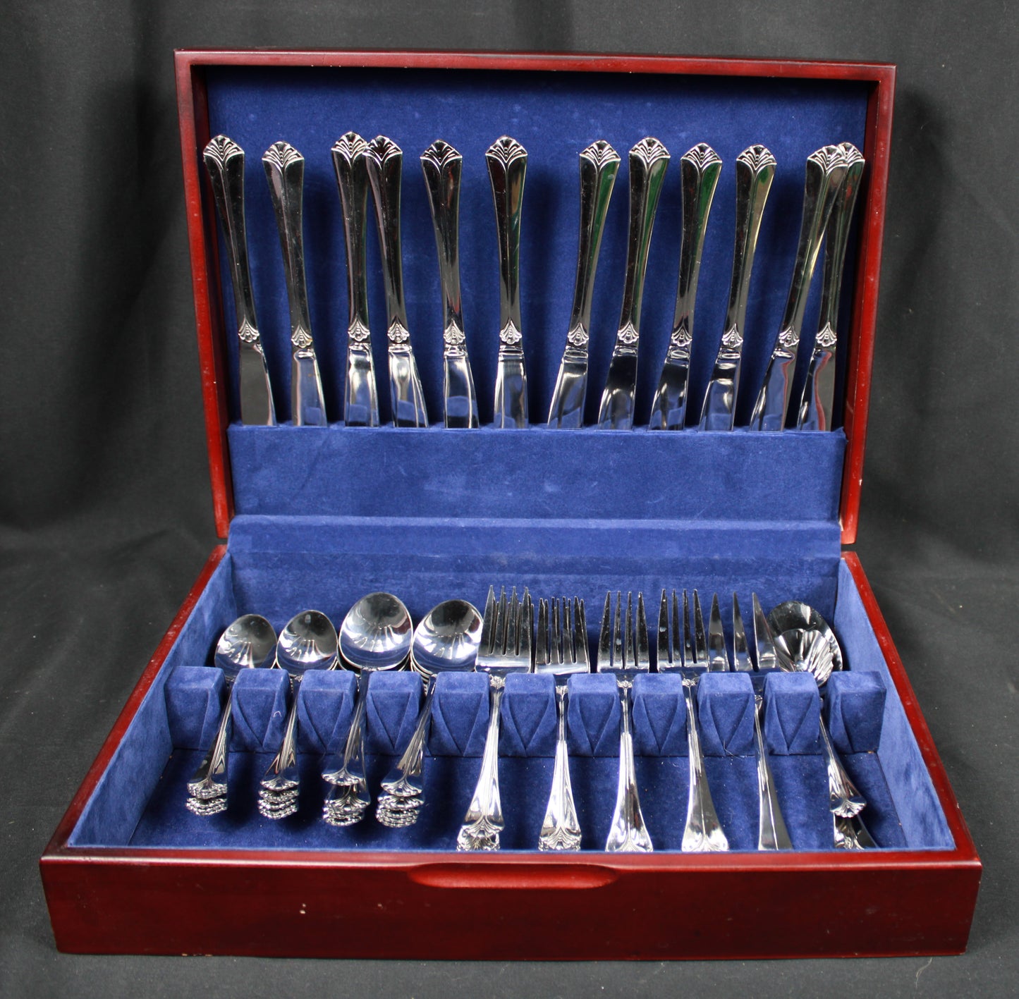 International Stainless Deep Silver Flatware Set with Wooden Storage Chest