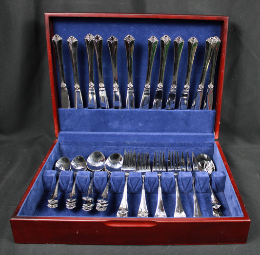 International Stainless Deep Silver Flatware Set with Wooden Storage Chest