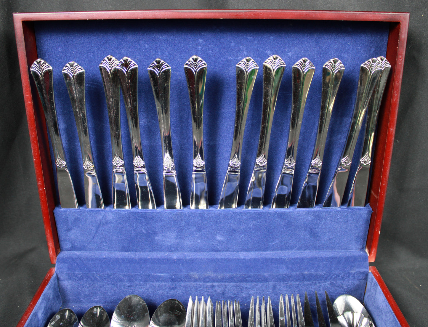 International Stainless Deep Silver Flatware Set with Wooden Storage Chest
