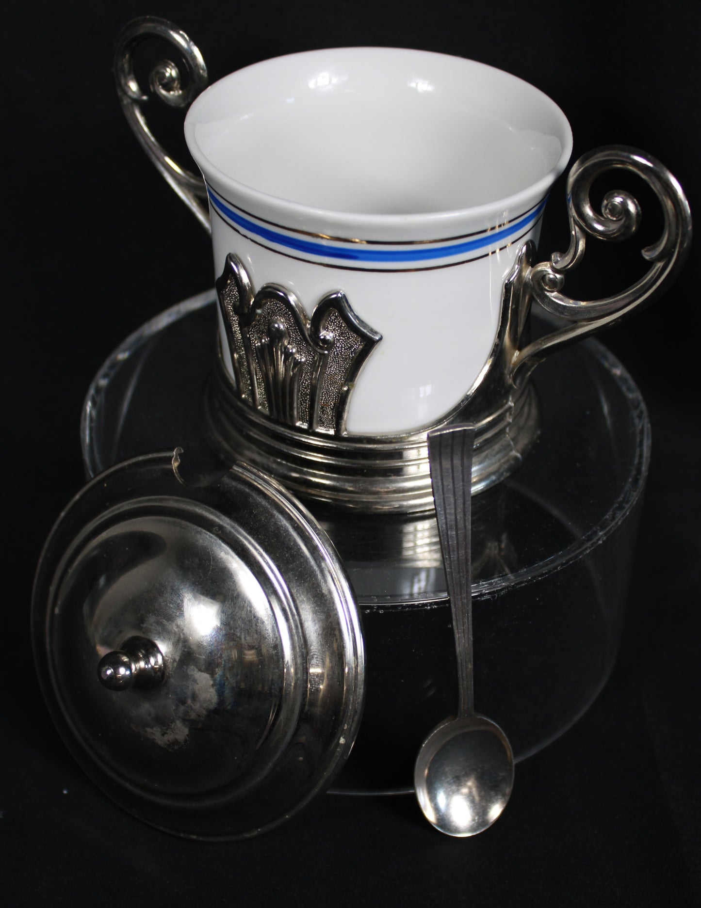 WMF Silver-Plated and Porcelain Lidded Condiment Jar with Spoon