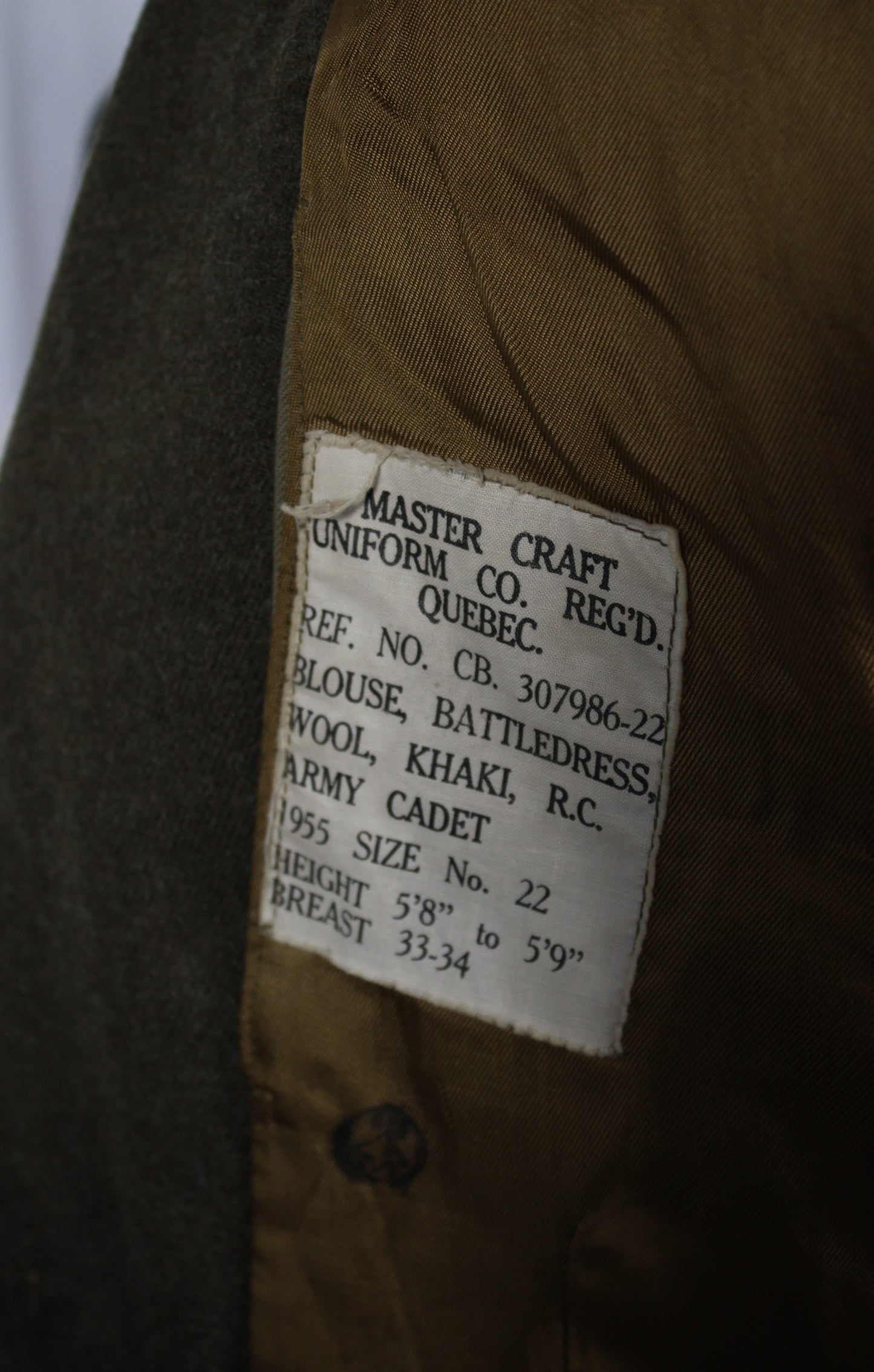 Vintage 1955 Master Craft Royal Canadian Army Cadet Khaki Wool Battledress Jacket Blouse Size 22