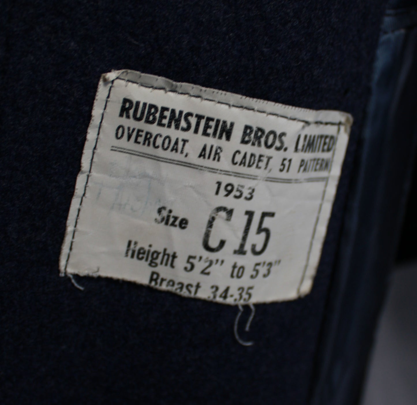 Vintage 1953 Rubenstein Bros Canadian Air Cadet 51 Pattern Wool Overcoat Size C15