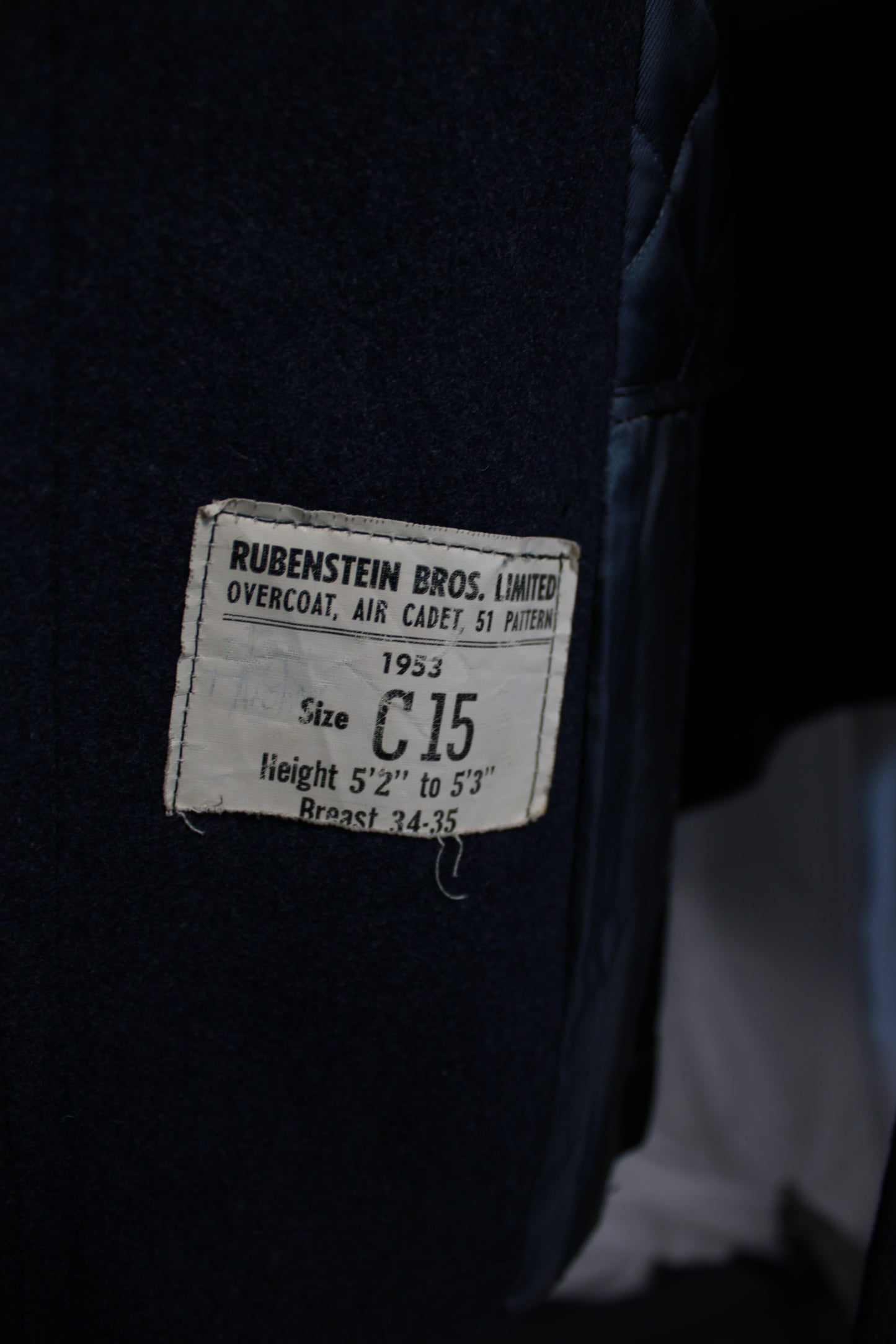 Vintage 1953 Rubenstein Bros Canadian Air Cadet 51 Pattern Wool Overcoat Size C15
