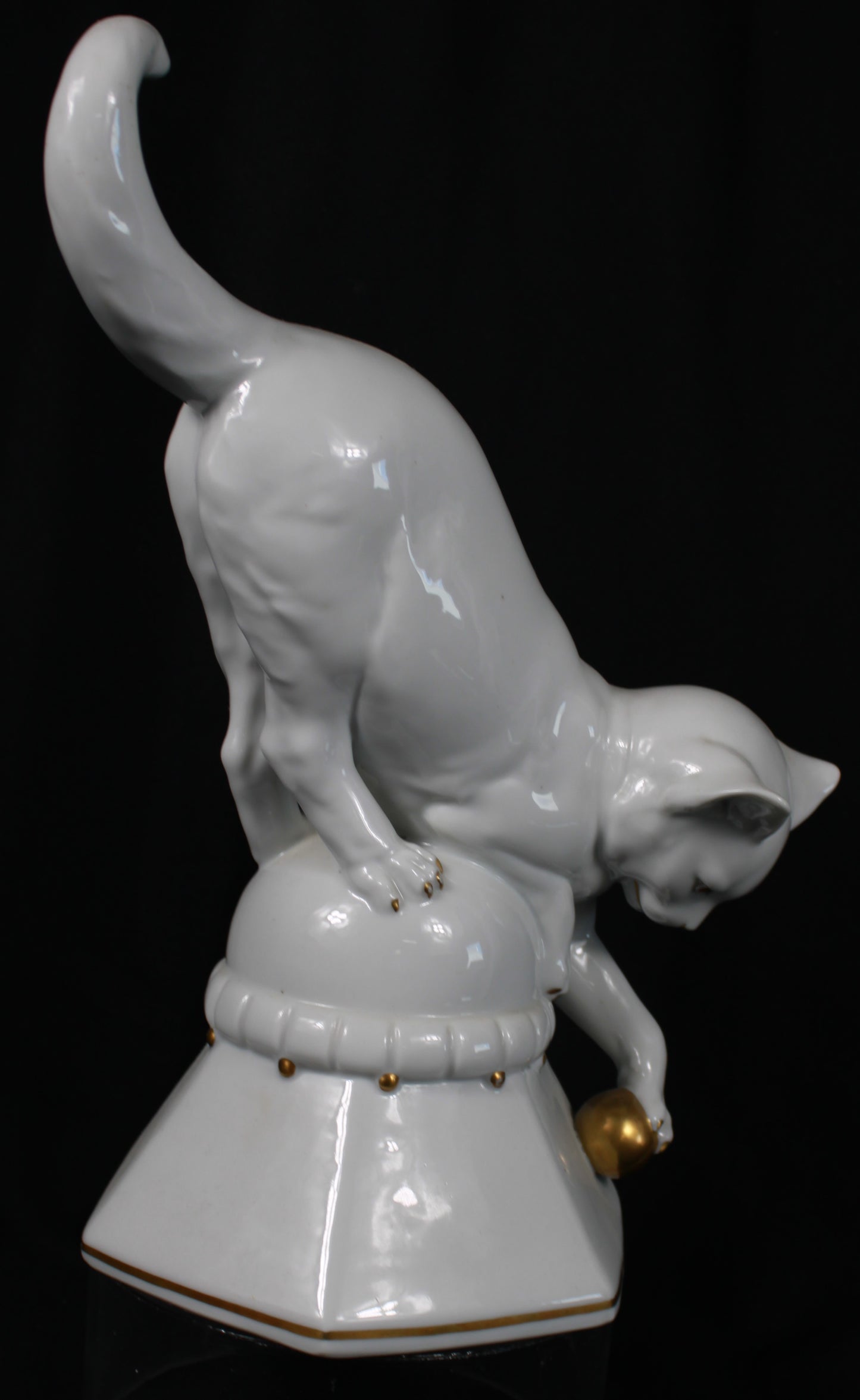 White Porcelain Cat Figurine with Gold Accents