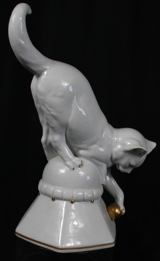 White Porcelain Cat Figurine with Gold Accents
