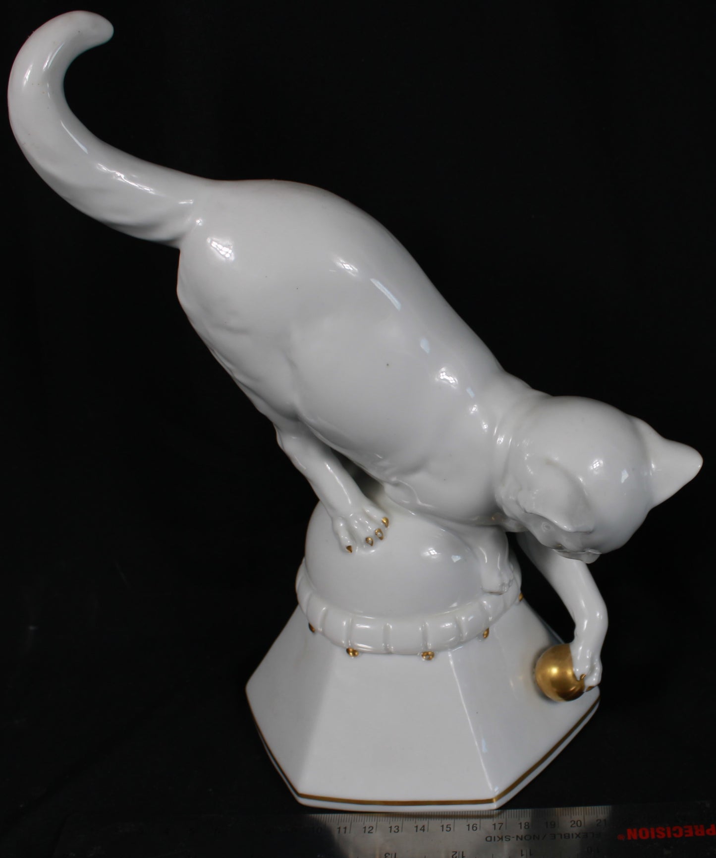 White Porcelain Cat Figurine with Gold Accents