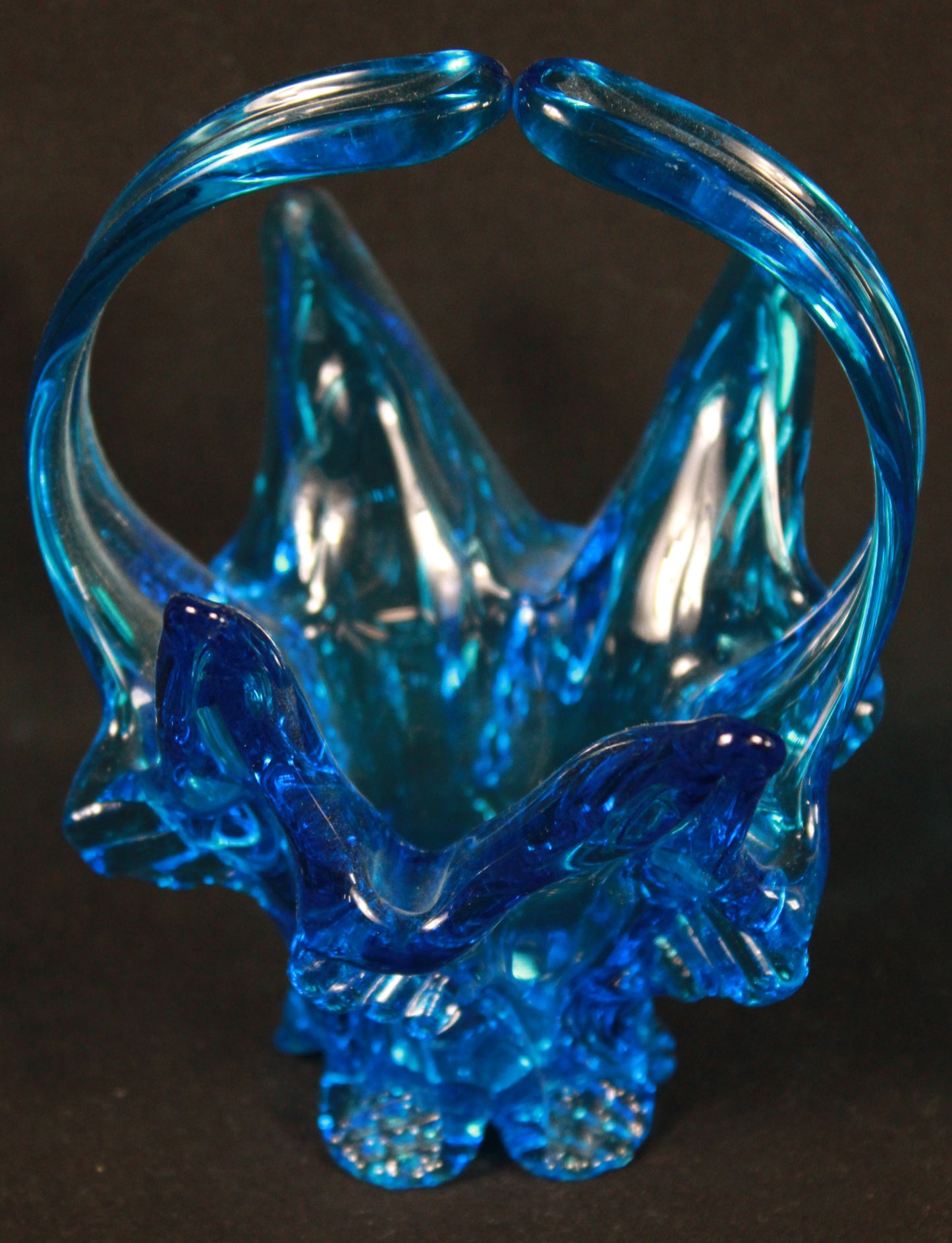 Vintage Blue Art Glass Basket with Splendid Sculptural Details
