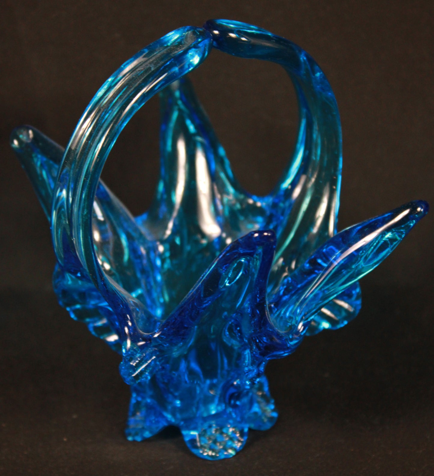 Vintage Blue Art Glass Basket with Splendid Sculptural Details