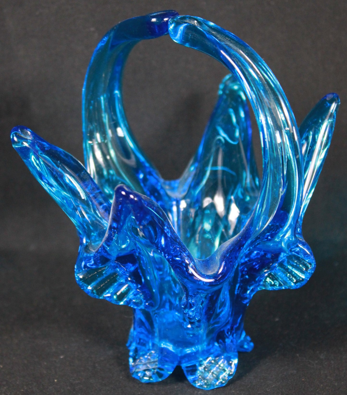 Vintage Blue Art Glass Basket with Splendid Sculptural Details