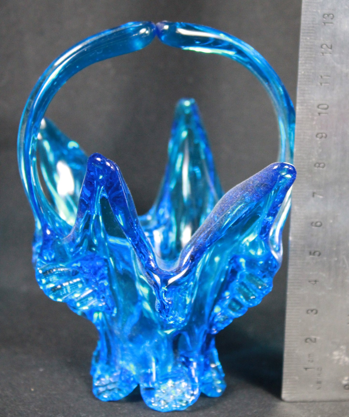 Vintage Blue Art Glass Basket with Splendid Sculptural Details