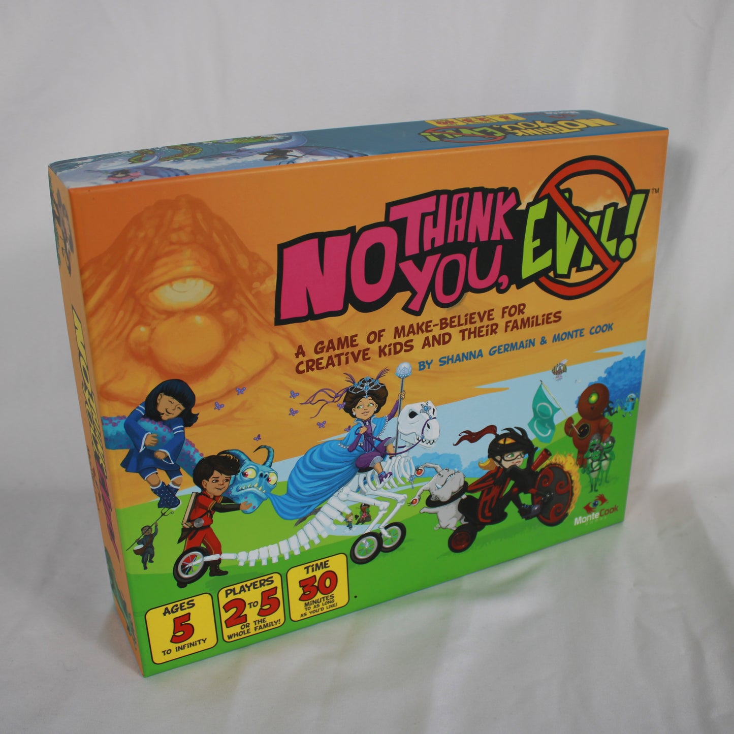 Board game box titled 'No Thank You, Evil!' on a white background