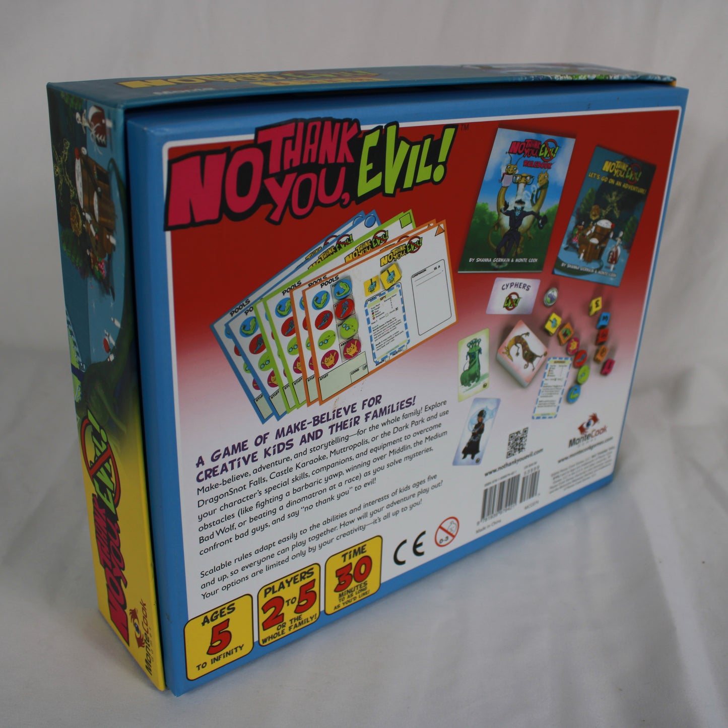Back of a board game box titled 'No Think You, Evil!' with colorful graphics and text.
