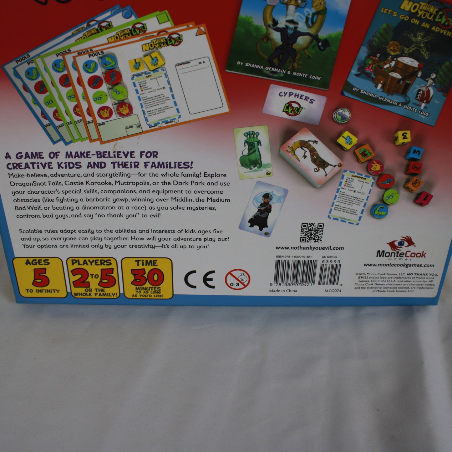 Back of a board game box titled 'No Think You, Evil!' with colorful graphics and text.