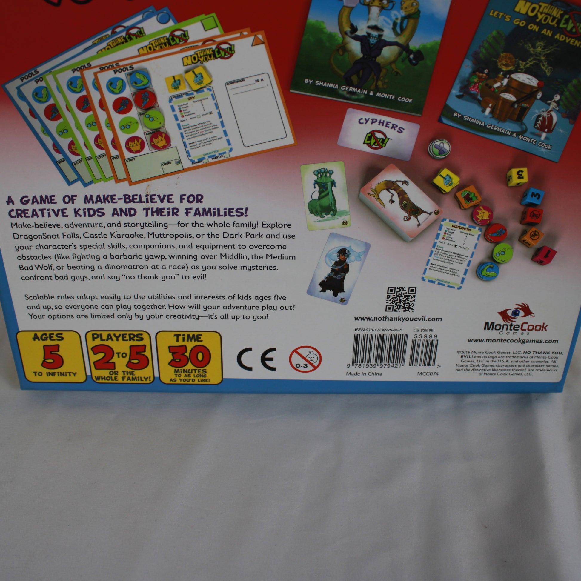 Back of a board game box titled 'No Think You, Evil!' with colorful graphics and text.