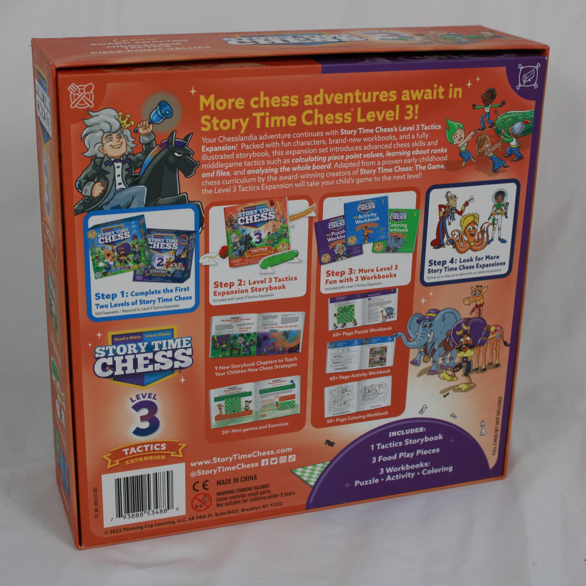Back view of a 'Story Time Chess' educational product packaging with colorful graphics and text.