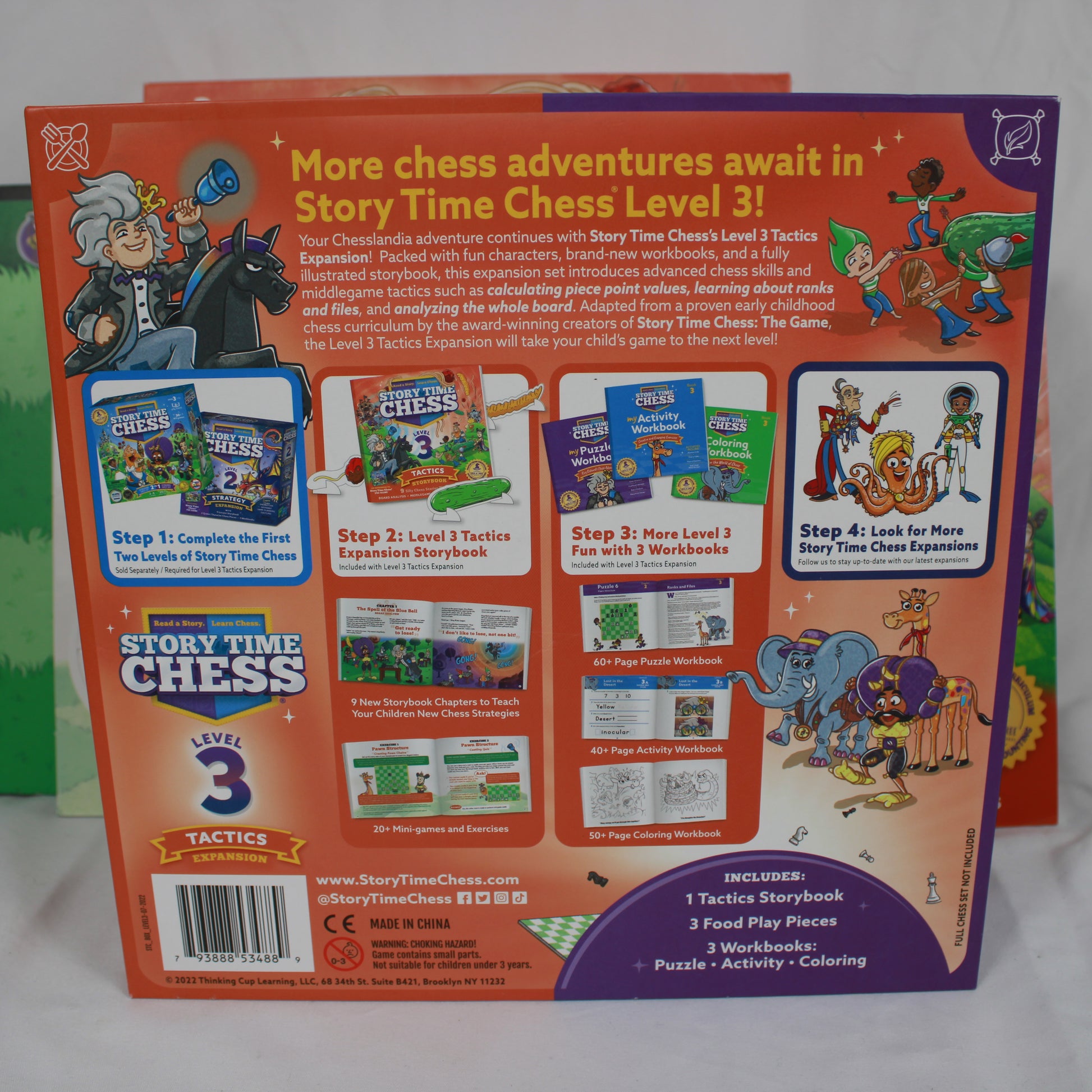 Back cover of a 'Story Time Chess' Level 3 book with colorful illustrations and text.