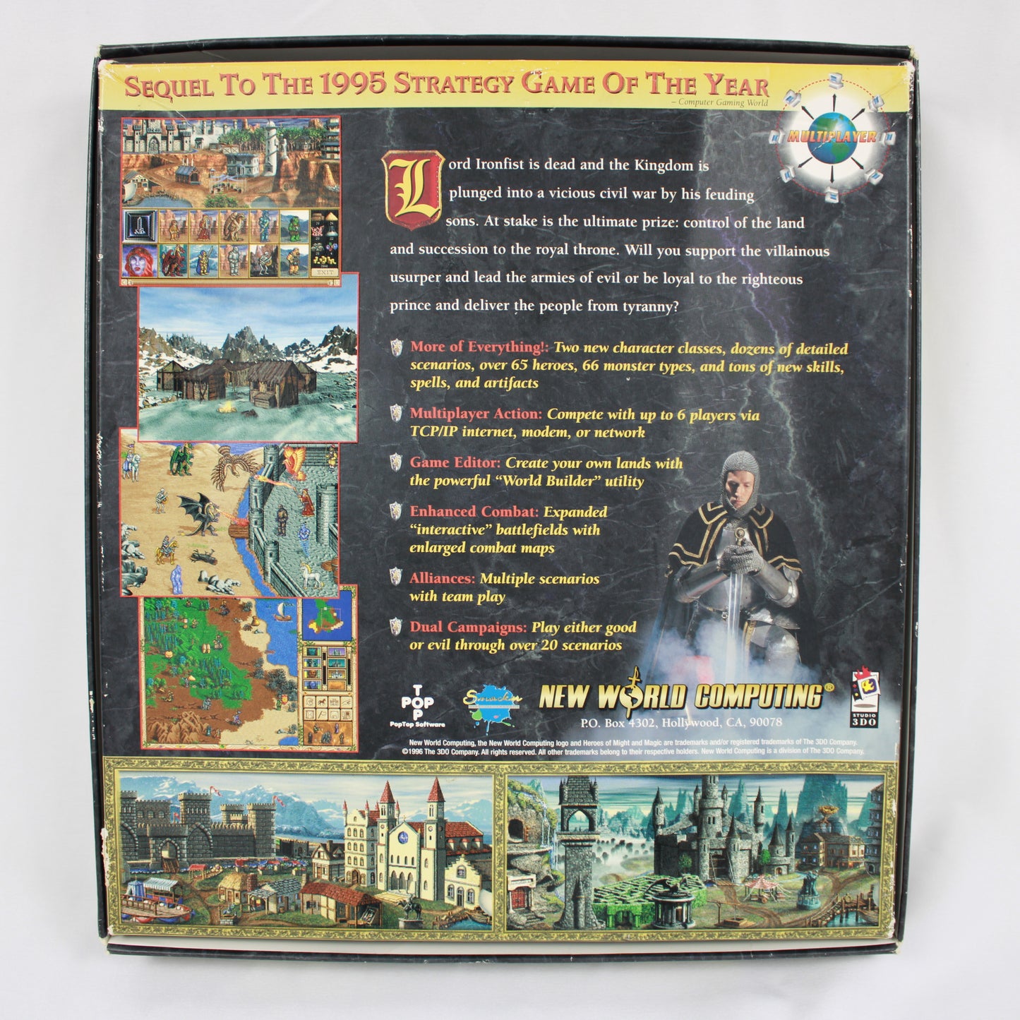 Back cover of a strategy game box with illustrations and text on a white background
