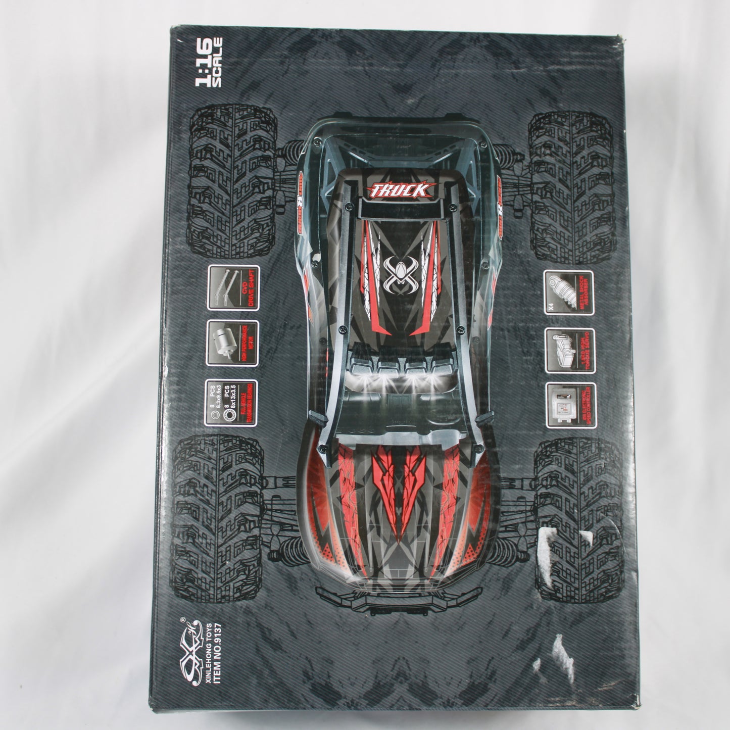 Model truck packaging with detailed graphics on a white background