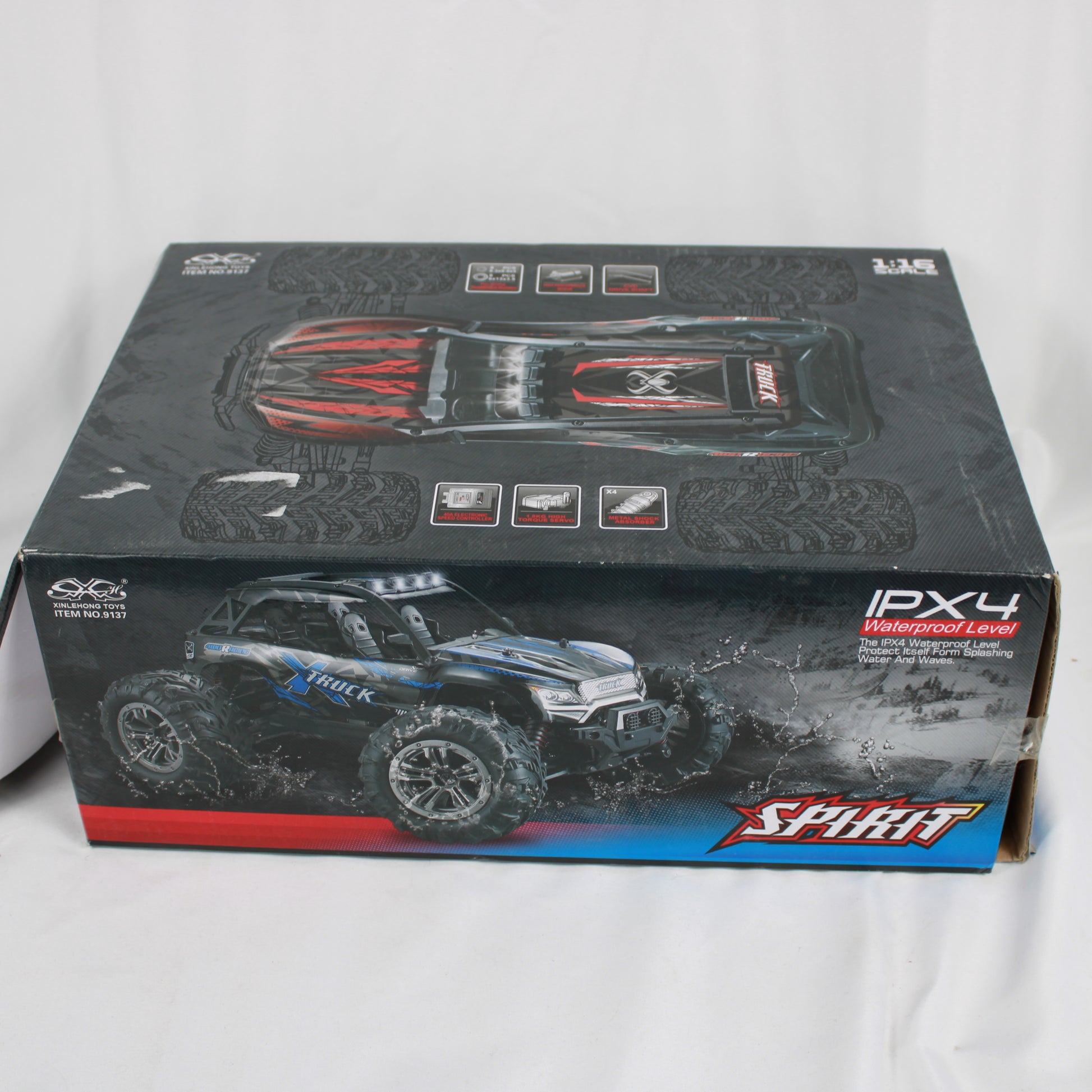 Box of a remote control car with branding and product details on a white background