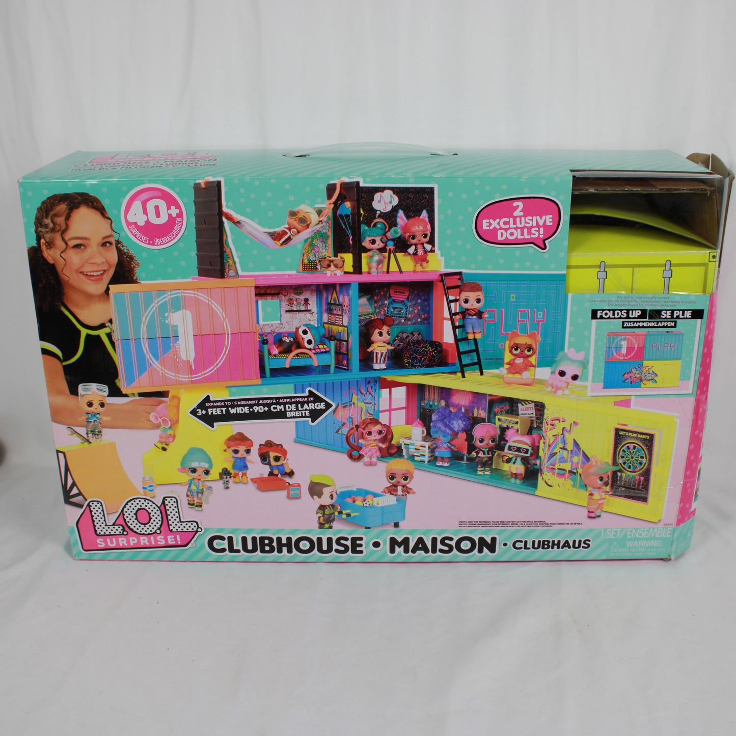 Boxed LOL Surprise Clubhouse toy set with colorful design and images of dolls on a white background.