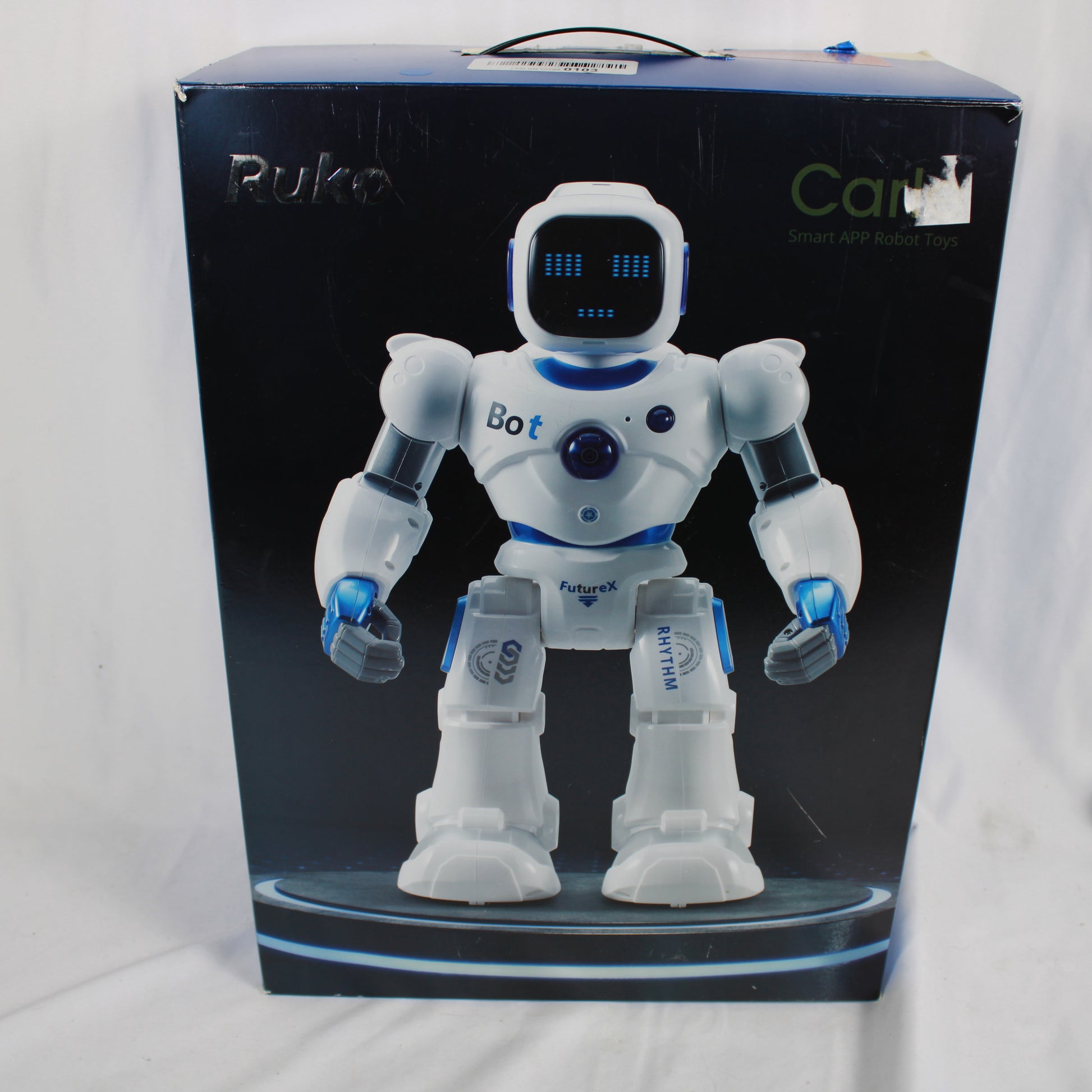 Robot toy with 'Ruko' branding on a black box