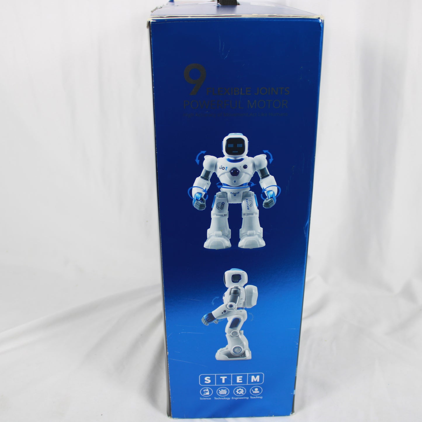 Blue box with a robot illustration on a white background