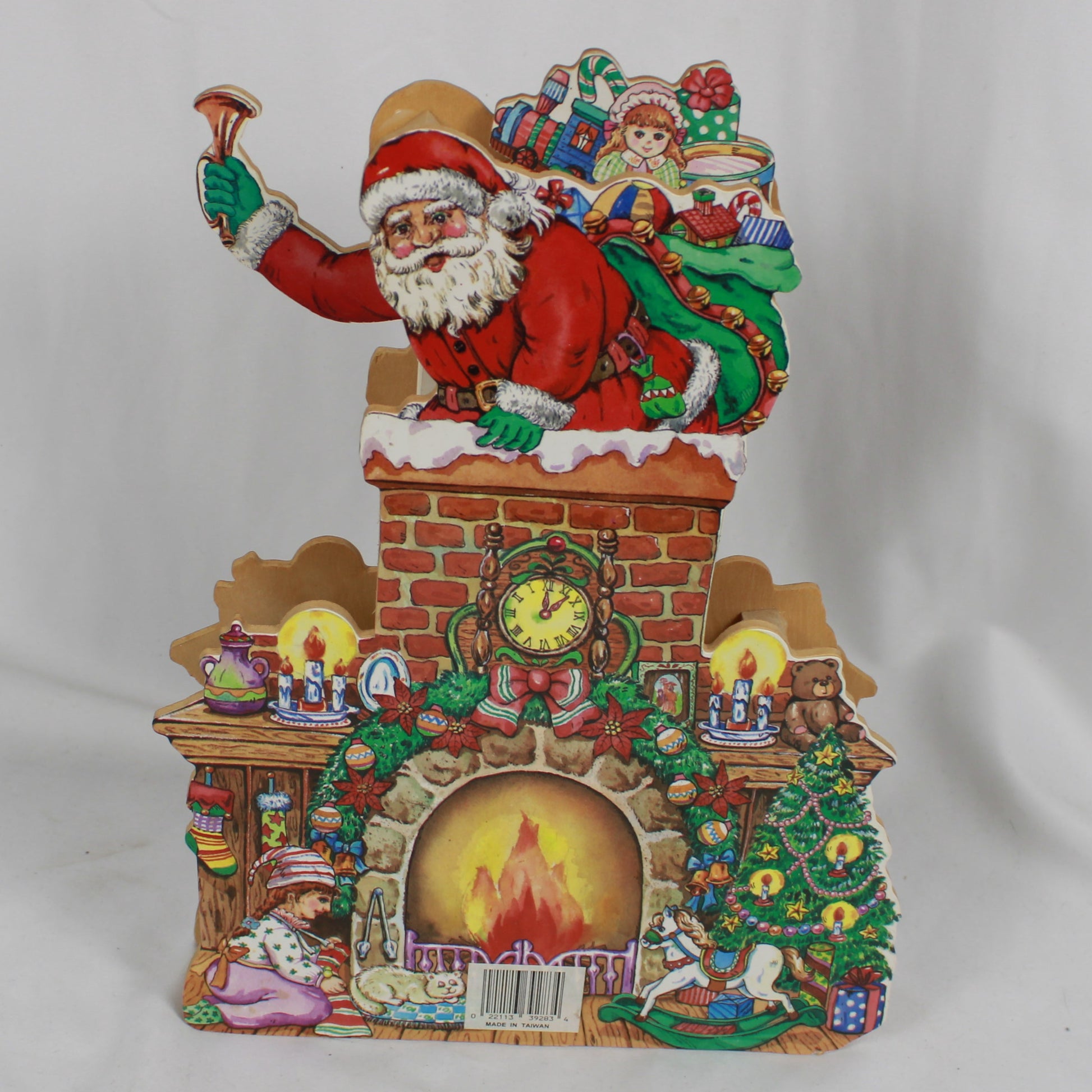 Vintage 3D Animated Wooden Santa in Chimney Fireplace Wind Up Music Box
