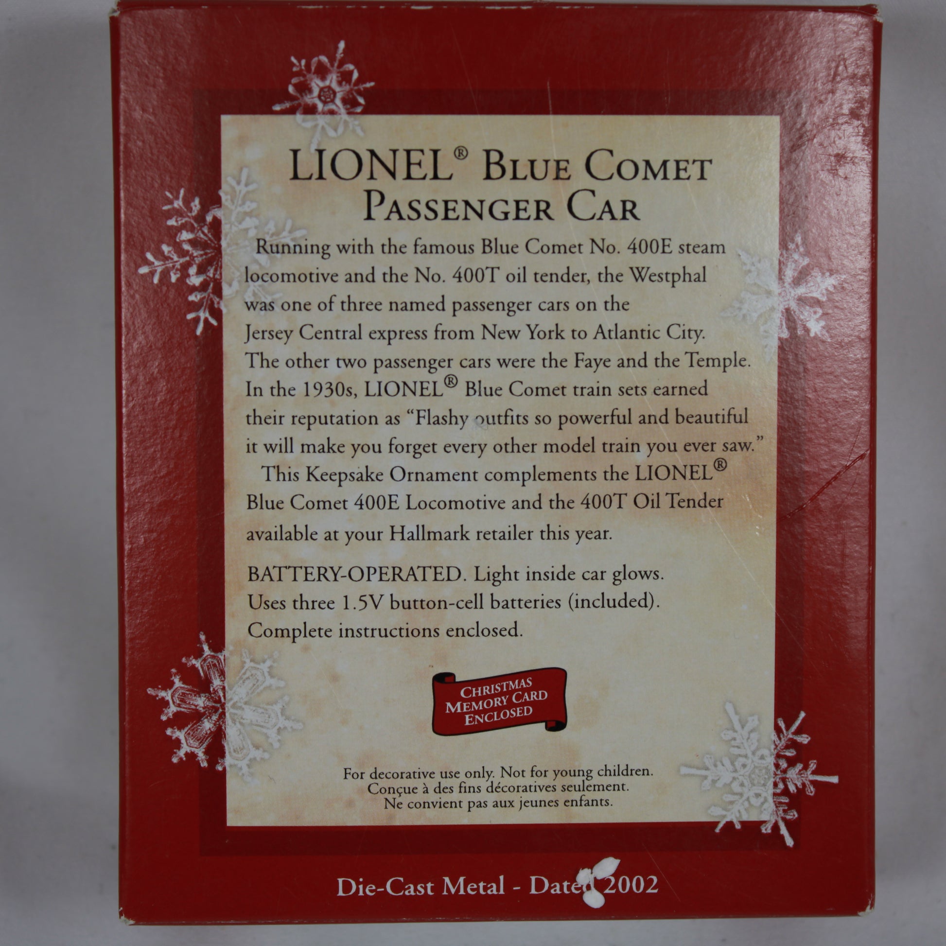 2002 Hallmark Keepsake Lionel Blue Comet Passenger Car Christmas Ornament