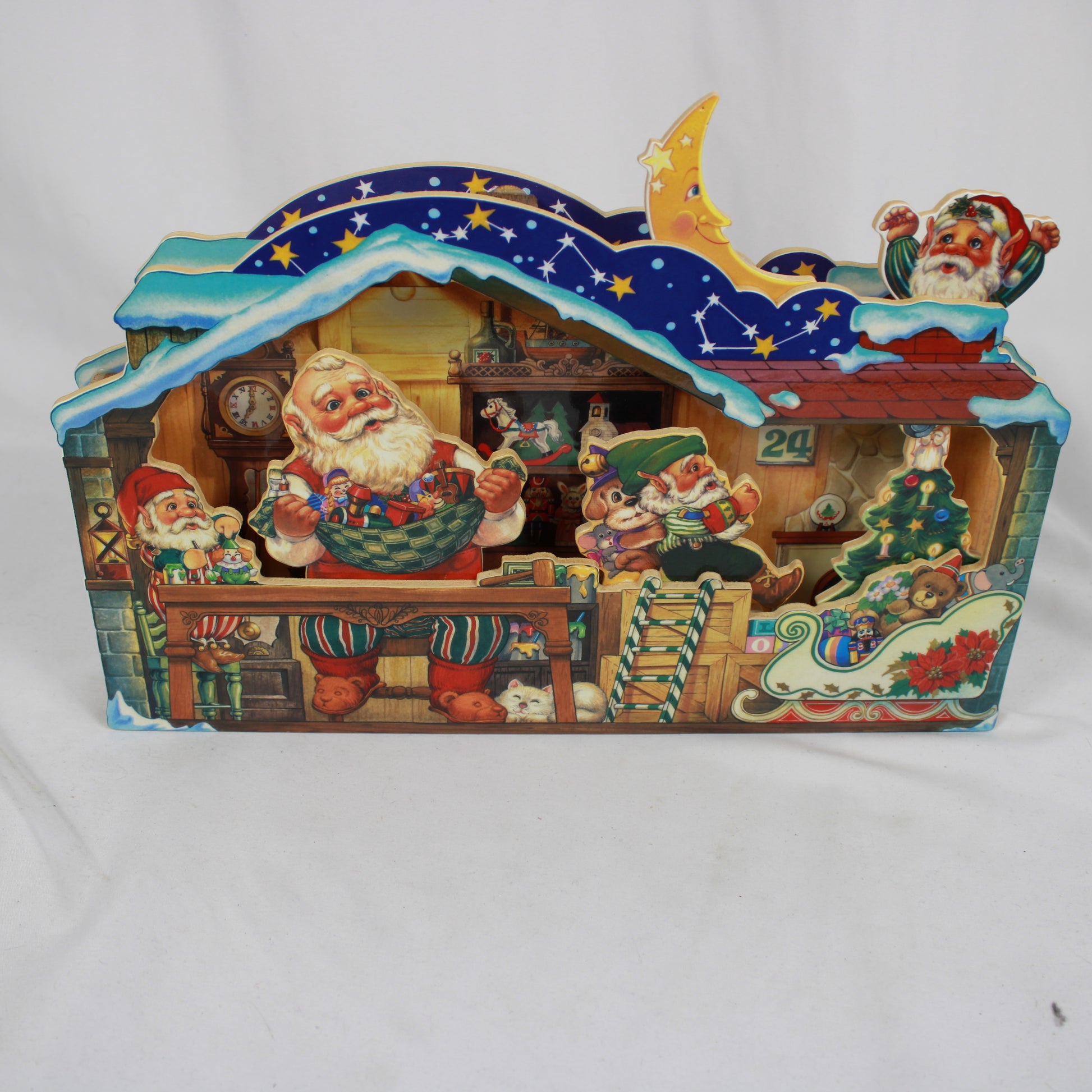 1994 San Francisco Music Box Co 3D Santa's Workshop Animated Wooden Music Box