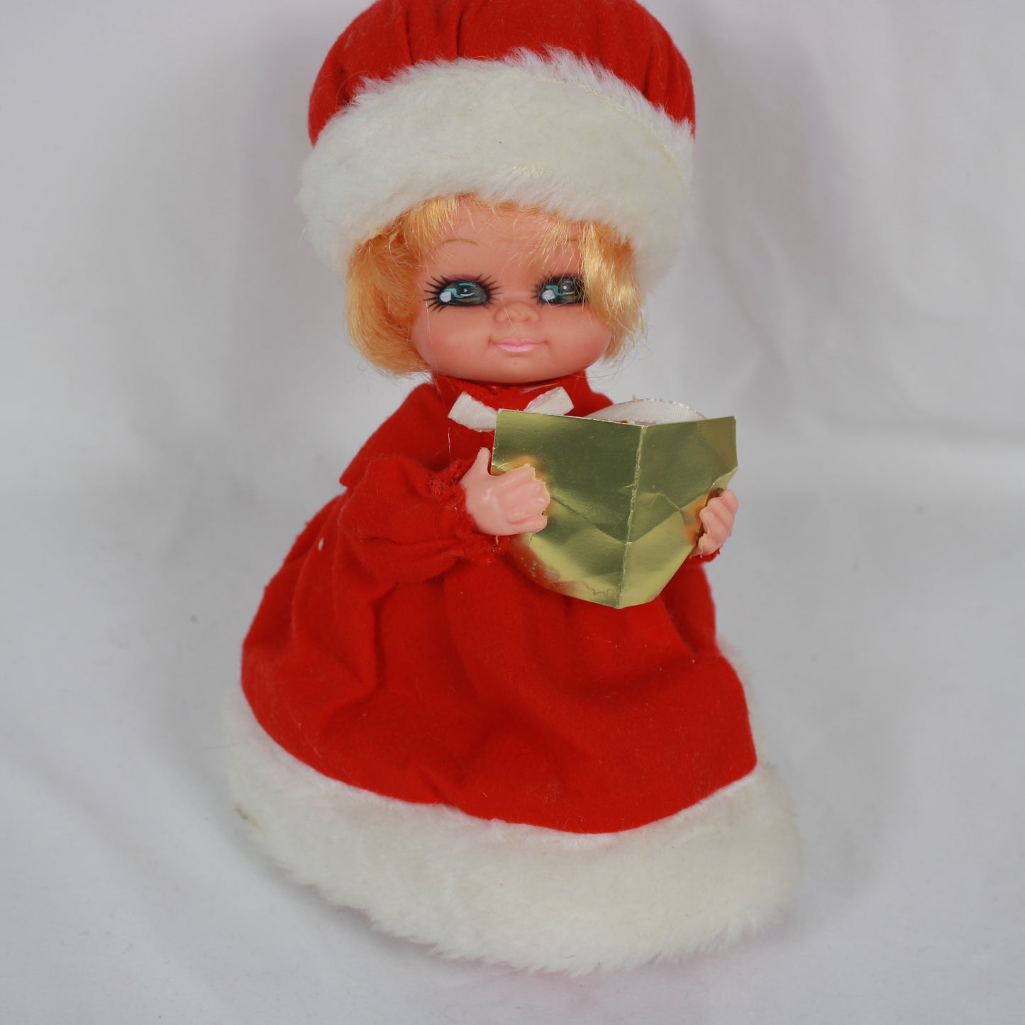 Vintage Christmas Caroler Doll Big Eye Blonde Girl Red Velvet Dress
