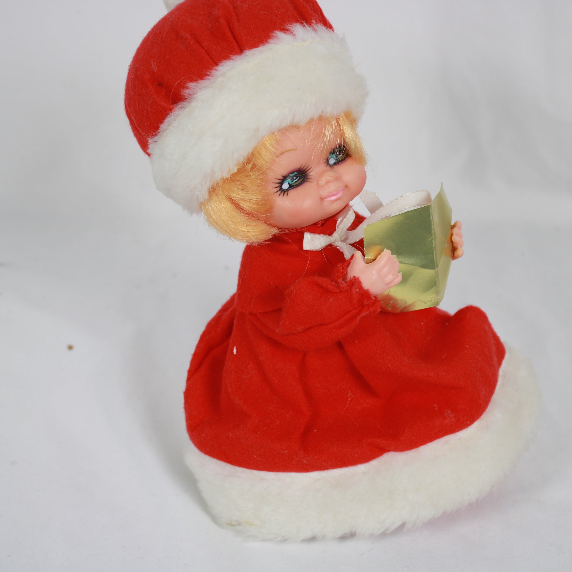 Vintage Christmas Caroler Doll Big Eye Blonde Girl Red Velvet Dress