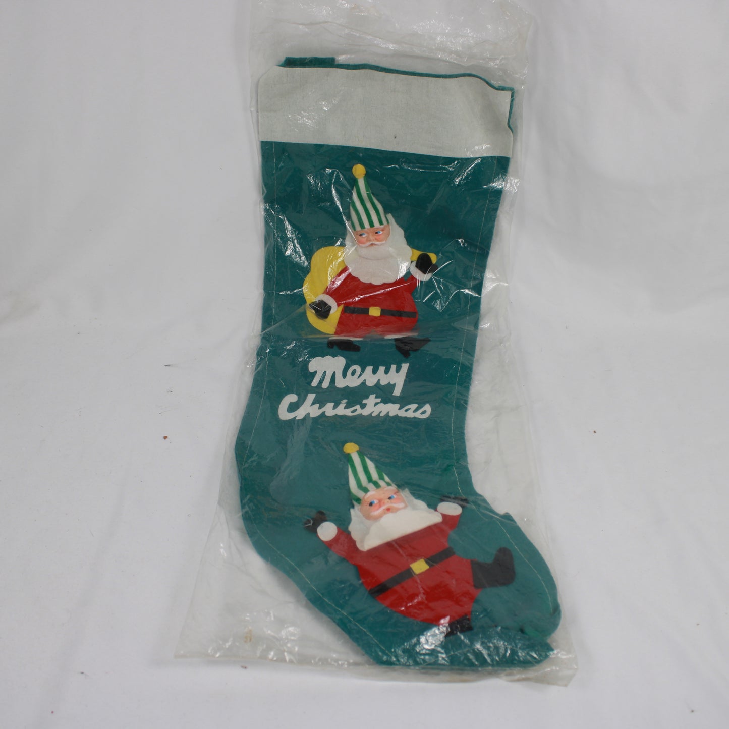 Vintage Mid-Century Green Felt Merry Christmas Stocking Made in Japan