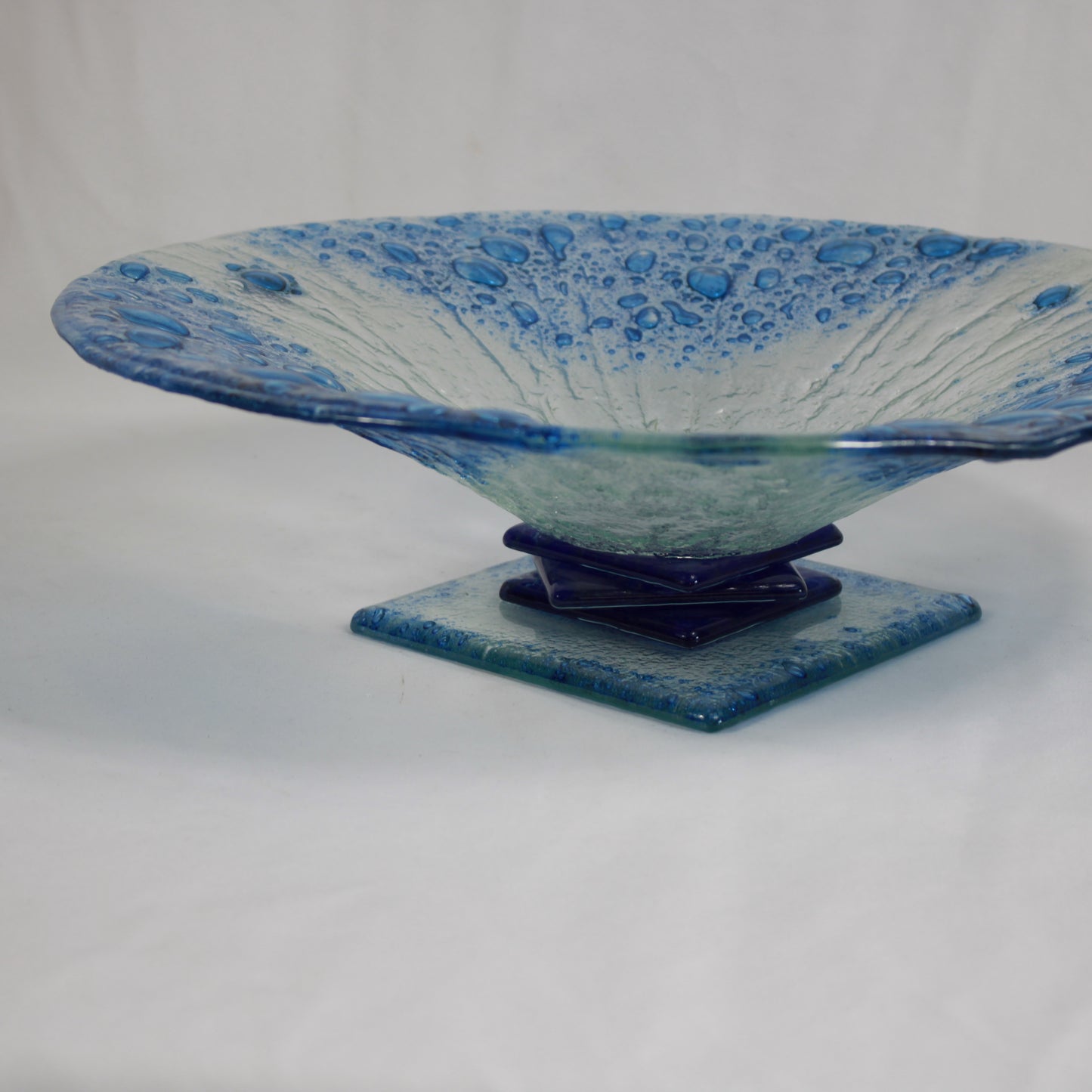Modern Blue Water Drop Textured Fused Glass Pedestal Bowl Statement Piece 