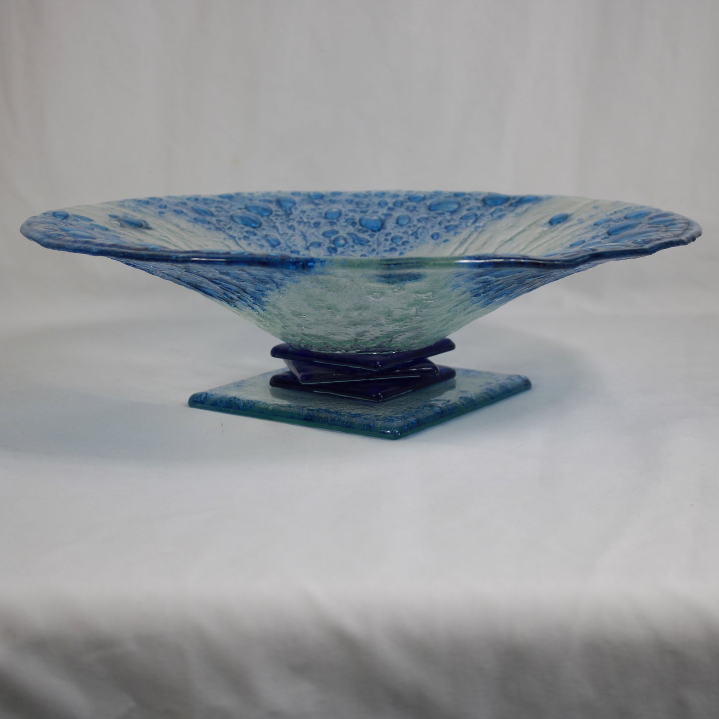Modern Blue Water Drop Textured Fused Glass Pedestal Bowl Statement Piece