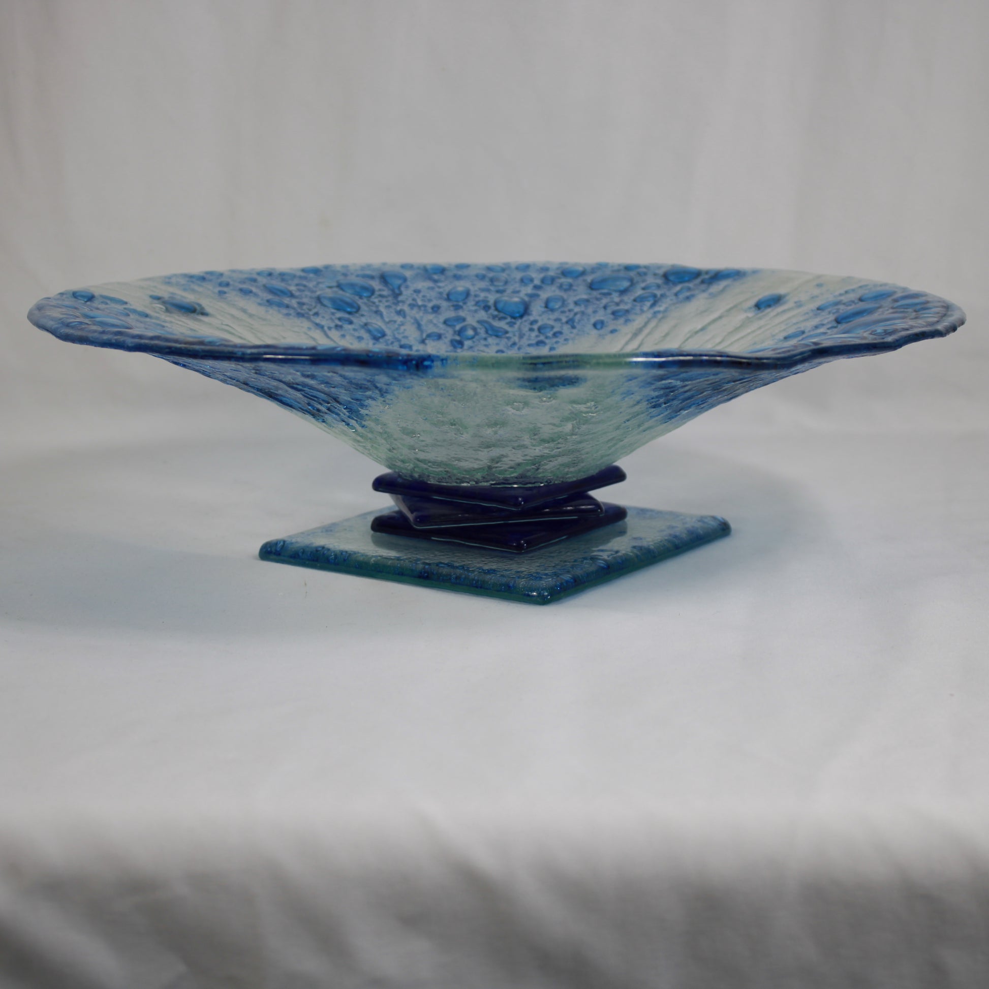 Modern Blue Water Drop Textured Fused Glass Pedestal Bowl Statement Piece