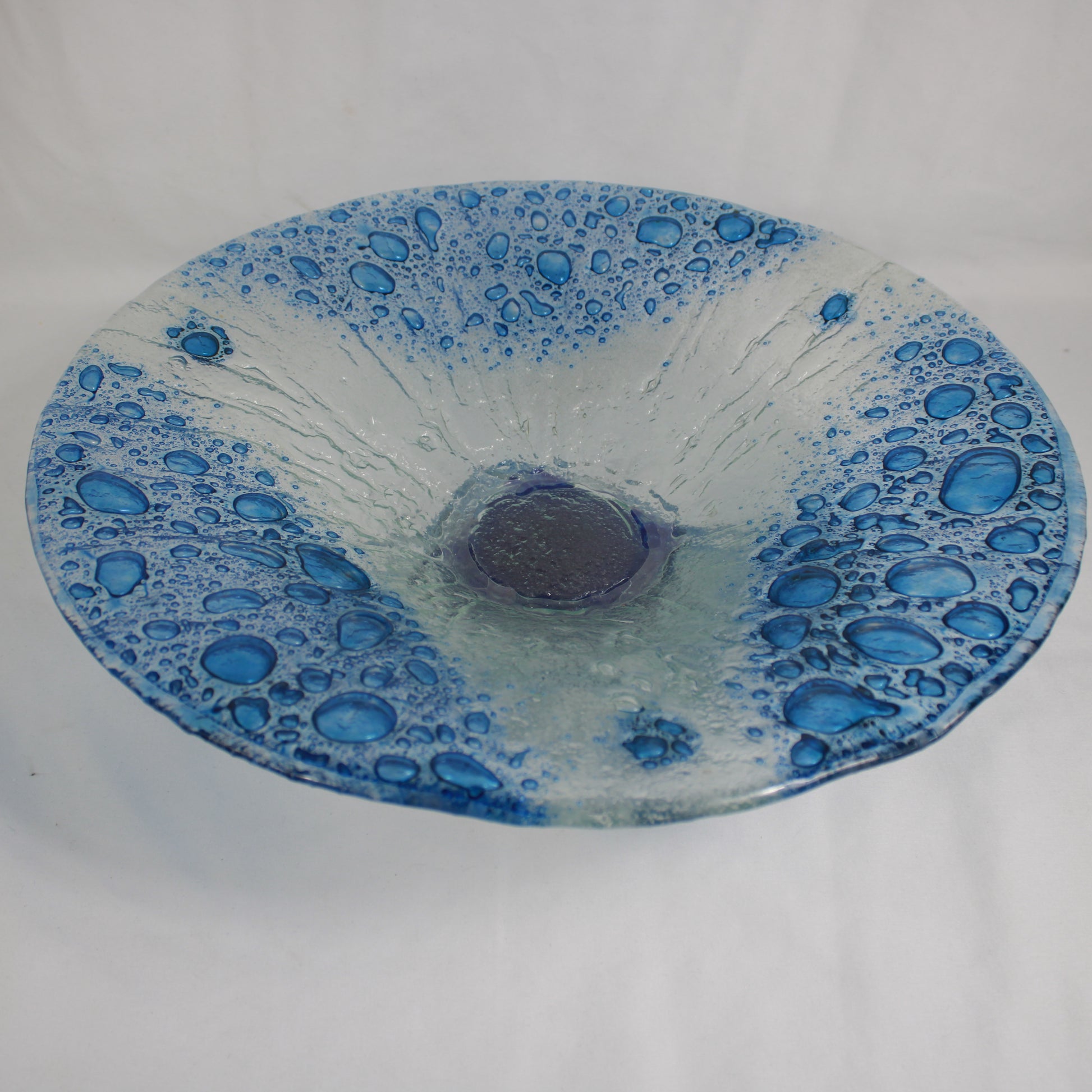 Modern Blue Water Drop Textured Fused Glass Pedestal Bowl Statement Piece