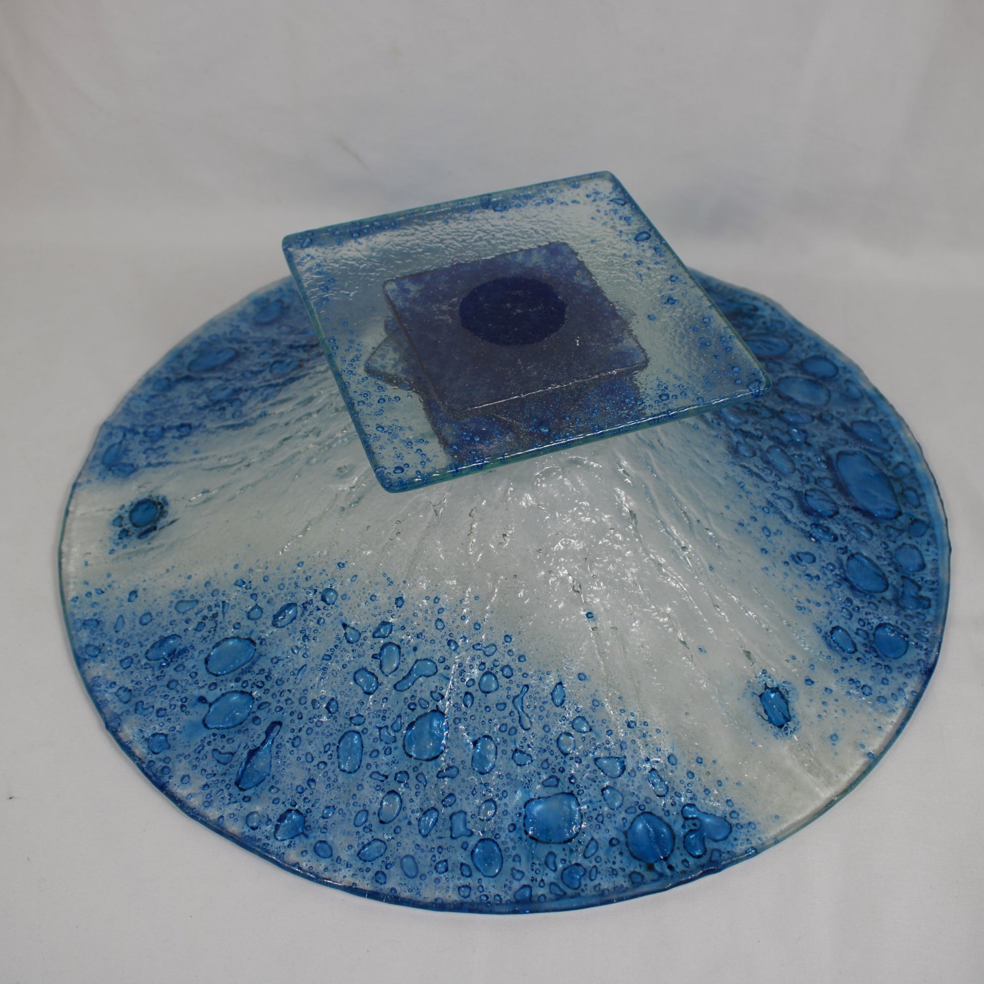 Modern Blue Water Drop Textured Fused Glass Pedestal Bowl Statement Piece