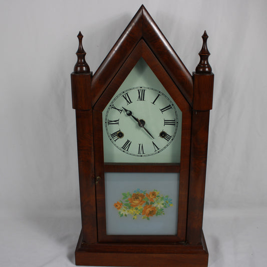 E. N. Welch Gothic Steeple Mantle Clock Floral Reverse Glass Door