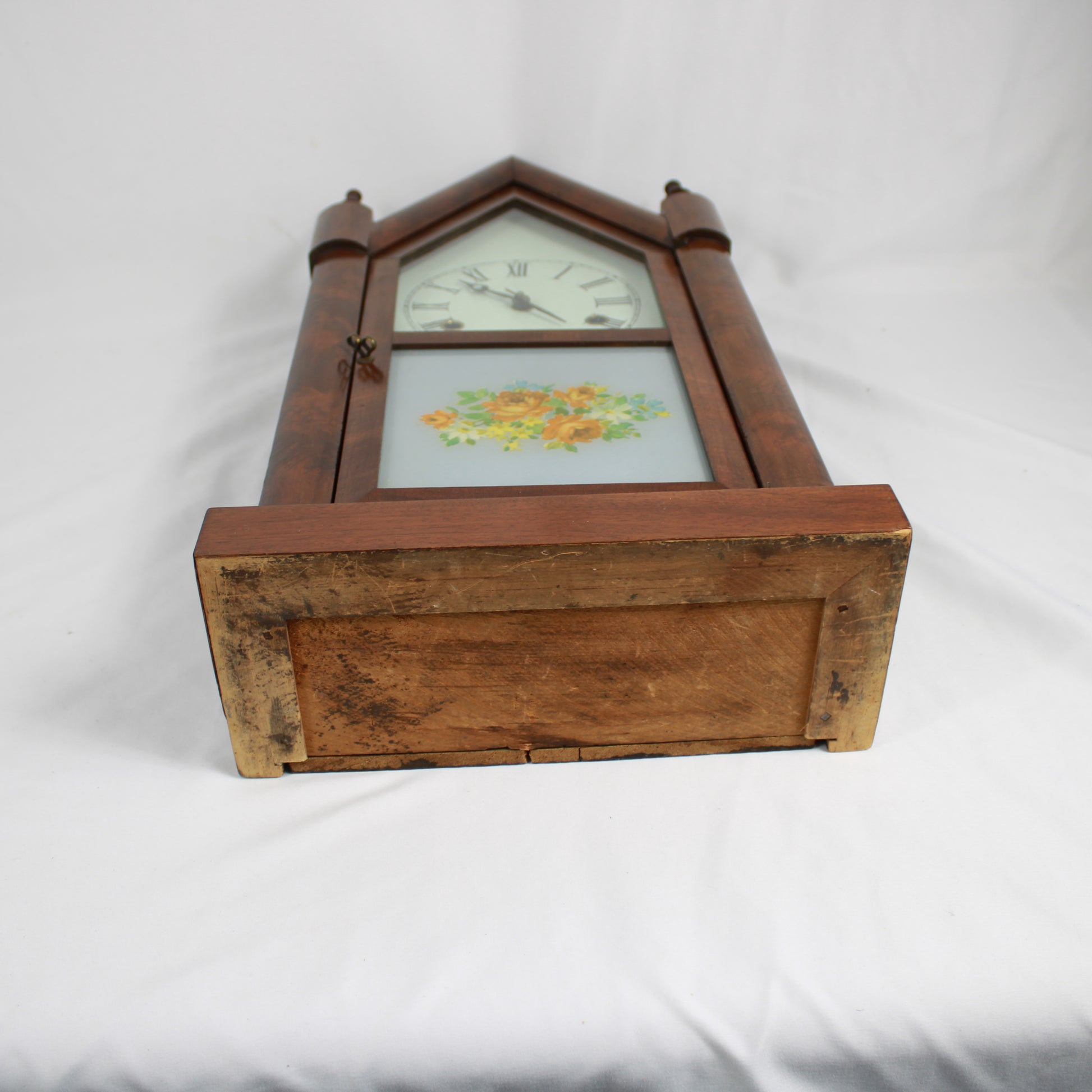 E. N. Welch Gothic Steeple Mantle Clock Floral Reverse Glass Door