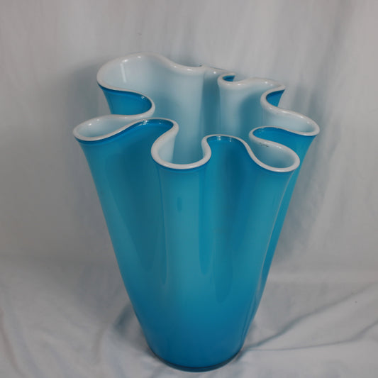 Vibrant Turquoise & White Hand-Blown Polish Glass Ruffled Handkerchief Vase