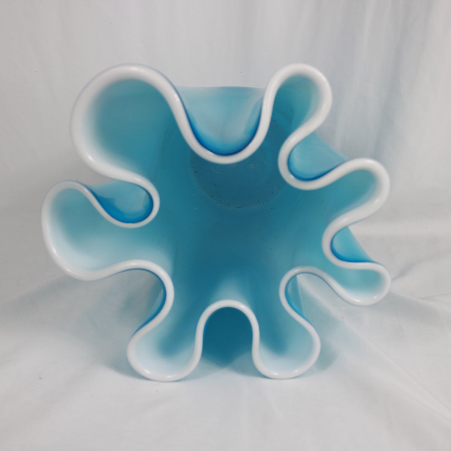 Vibrant Turquoise & White Hand-Blown Polish Glass Ruffled Handkerchief Vase