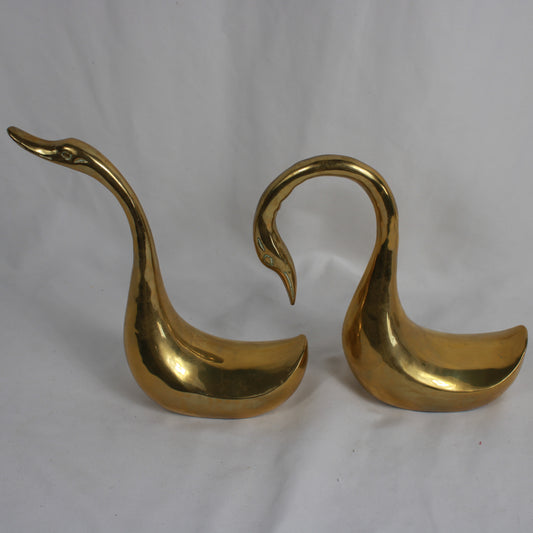 Solid Brass Swan Figurine Pair Graceful Mid-Century Tabletop Decor